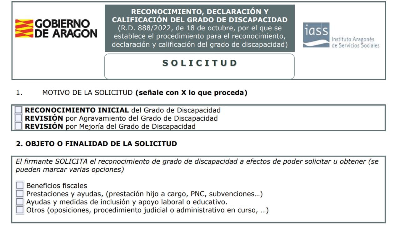 Formulario para solicitar el grado de discapacidad con el Gobierno de Aragón